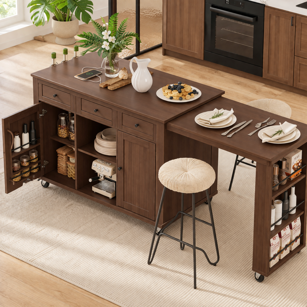 Rolling Kitchen Island with Extendable Dining Table Storage Cabinet and Spice Rack Organizer