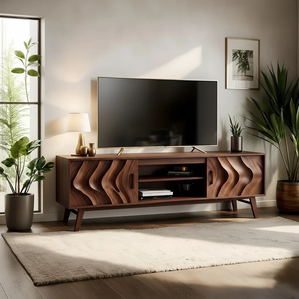 Solid Wood TV Stand Modern Walnut Media Console with Wave Doors and Storage