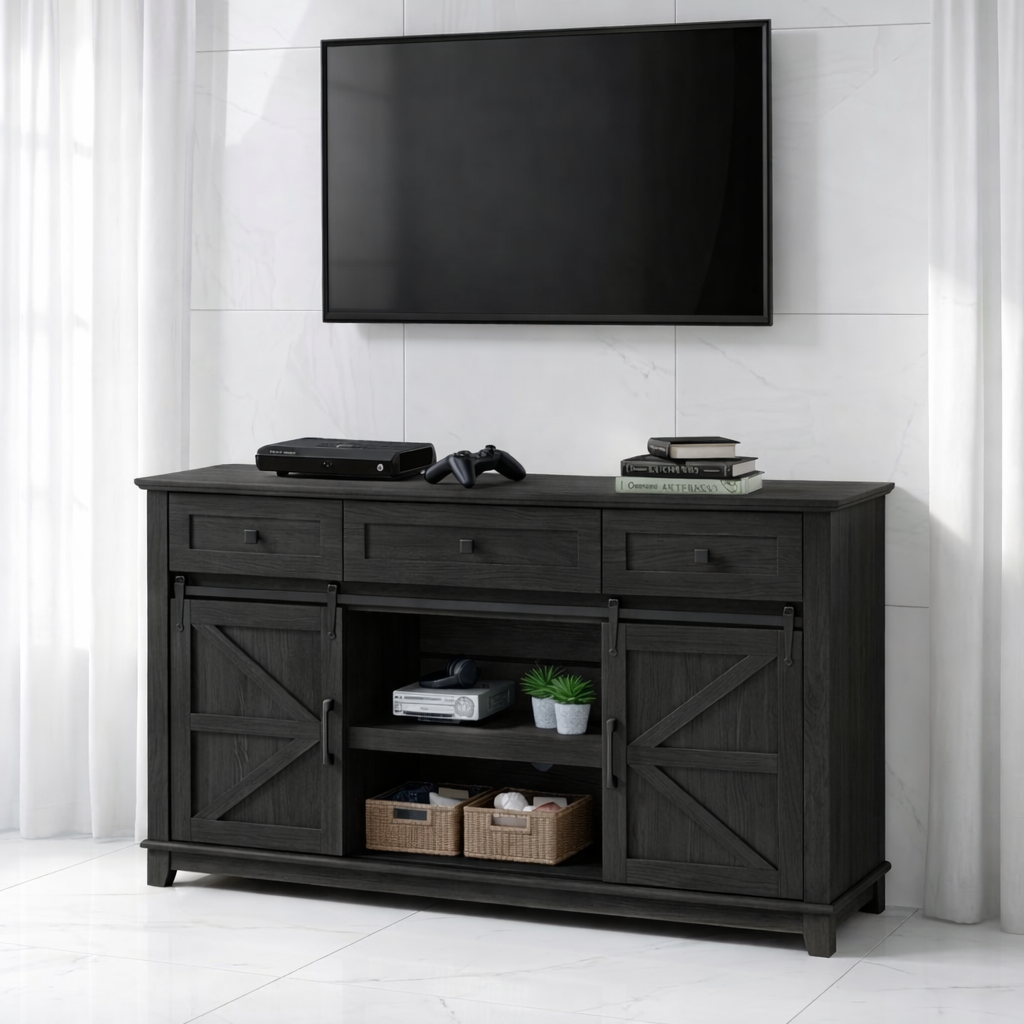 Solid Wood TV Stand with Sliding Barn Doors Drawers and Open Shelf