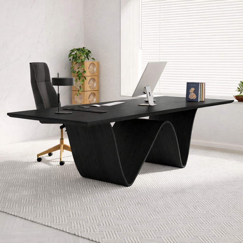 Modern Wave-Shaped Wooden Desk for Home Office, Contemporary Design