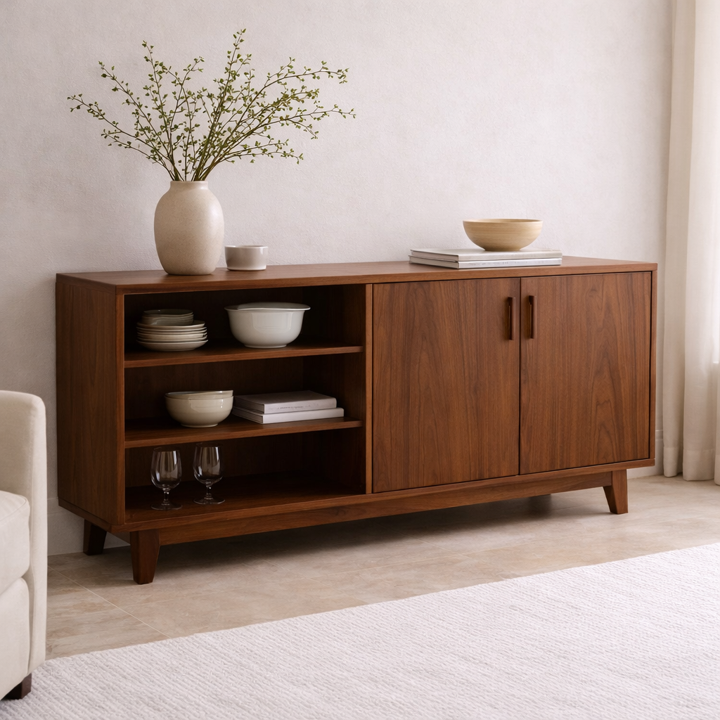Modern Solid Wood Sideboard Console Cabinet with Open Shelf and Doors