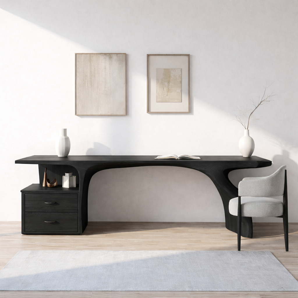 Curved Writing Desk with Storage Drawer Modern Home Office Table Minimalist Workstation
