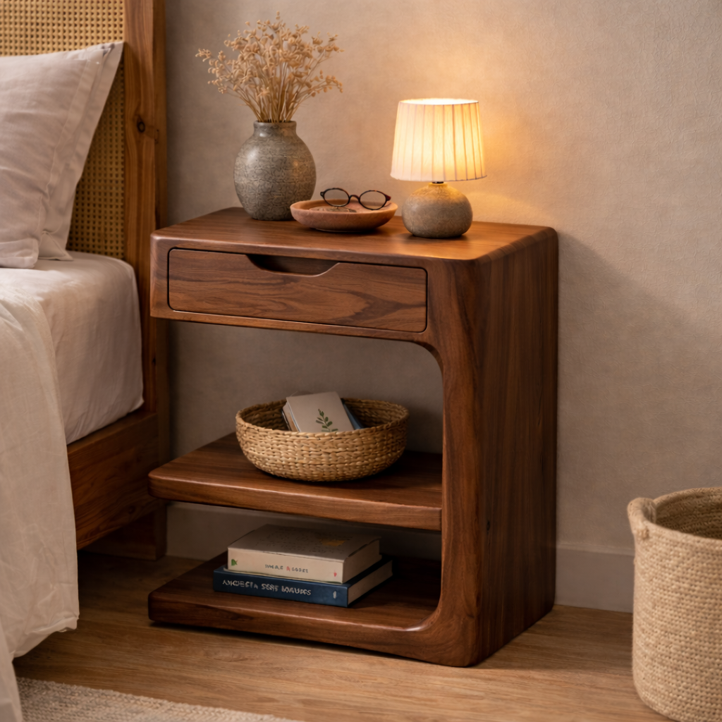 Solid Wood Nightstand with Drawer and Open Shelf – Modern Curved Bedside Table