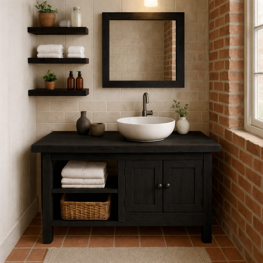 Rustic Solid Wood Bathroom Vanity with Cabinet and Open Shelf Farmhouse Vanity