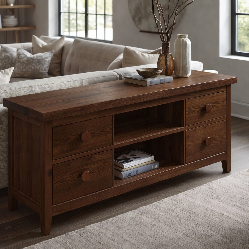 Solid Wood Console Cabinet with 2 Drawers & Open Shelving – Modern Storage Solution