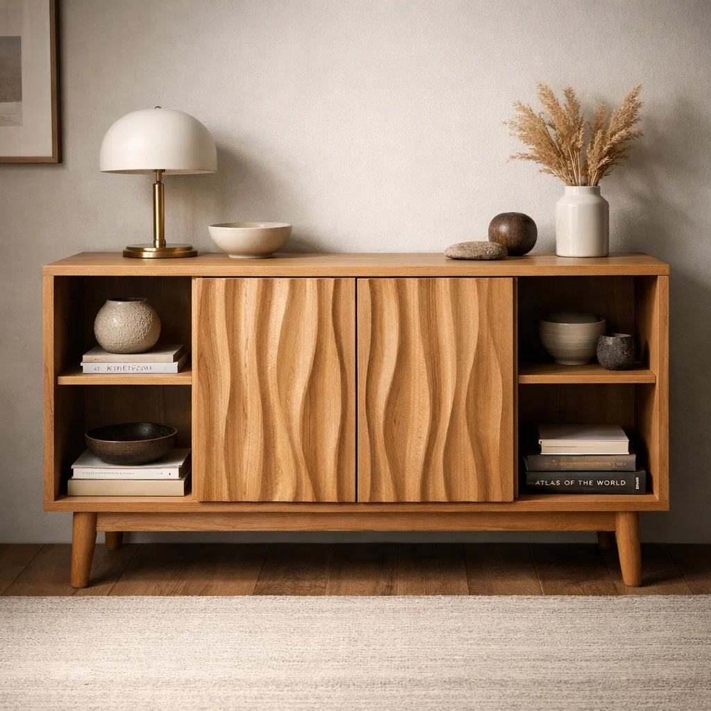 Elegant Solid Wood Console Cabinet with Wavy Doors - Stylish Storage for Living Room