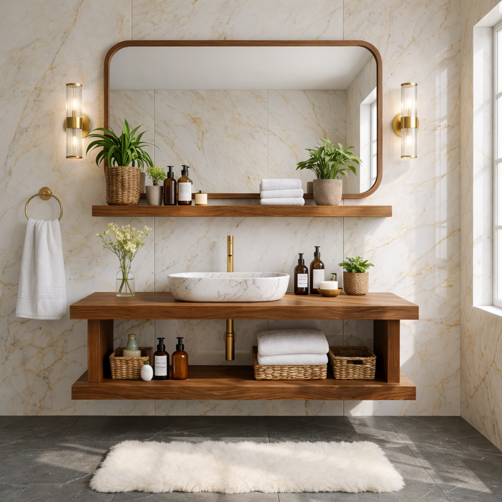 Floating Bathroom Vanity with Natural Wood Shelf Storage and Modern Wall Mounted Design