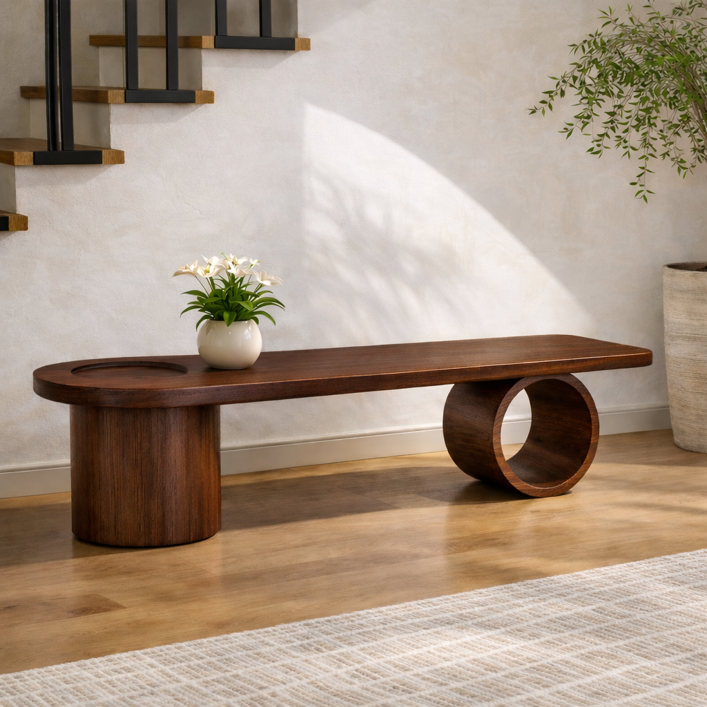 Modern Solid Oak Sculptural Bench, Minimalist Geometric Statement Seat