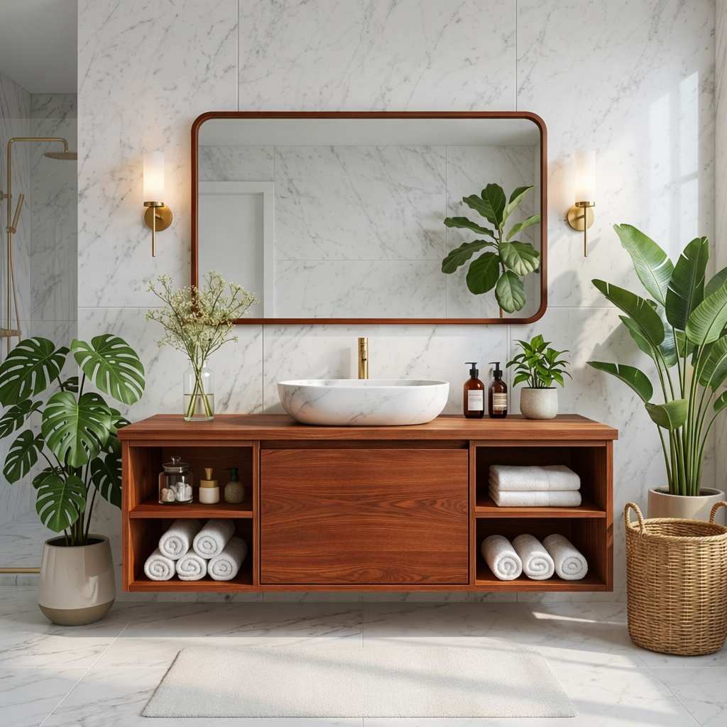 Floating Oak Vanity with Open Shelves and Minimalist Design, Modern Bathroom Furniture