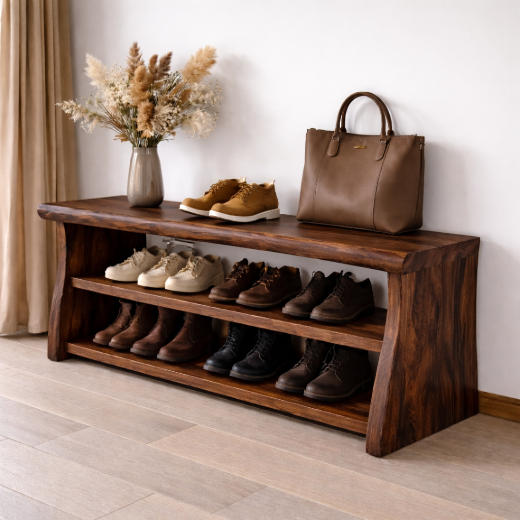 Solid Wood Entryway Bench with Shoe Storage Shelf – Rustic Wooden Shoe Rack Bench