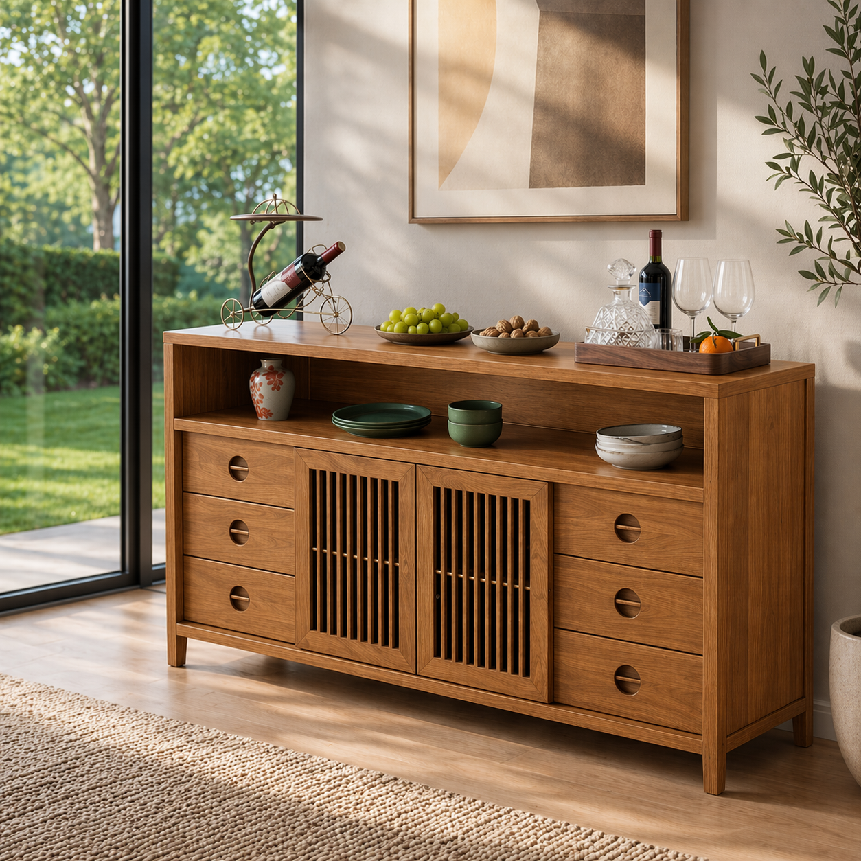Solid Wood Console Sideboard with Slatted Doors – Modern Walnut Storage Cabinet