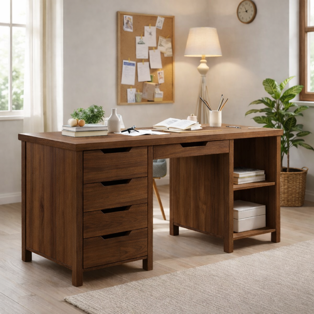 Solid Wood Handmade Work Desk with Drawers and Bookshelf Storage