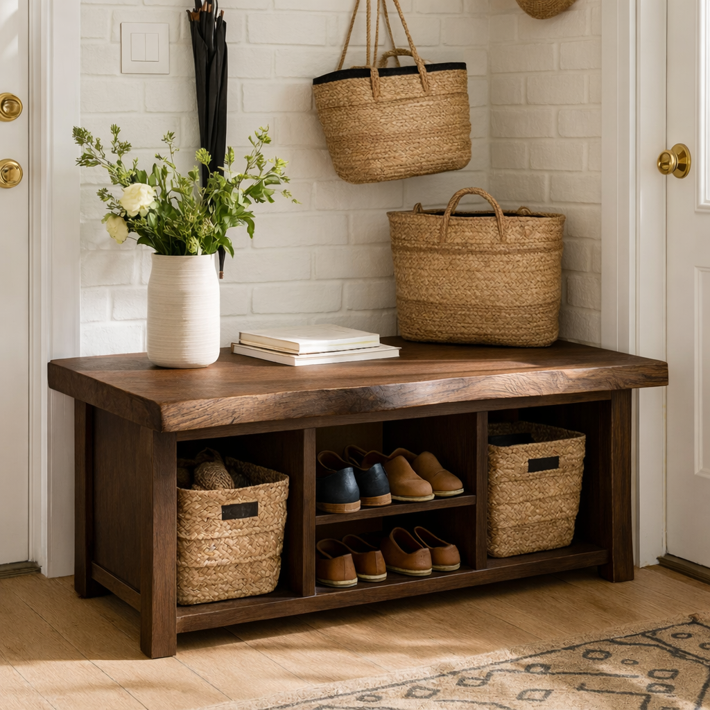 Solid Wood Entryway Bench with Storage Cubbies and Shoe Organizer Shelf