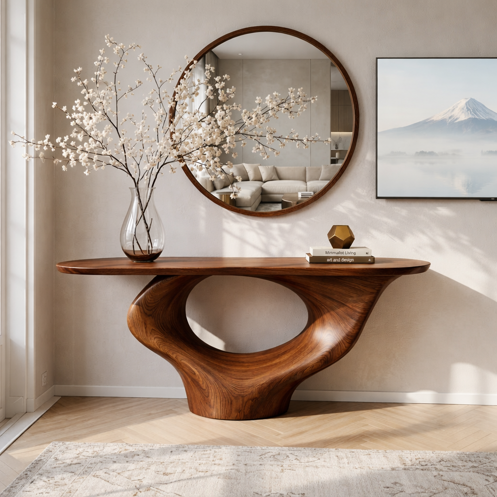 Solid Wood Console Table with Sculptural Base, Modern Minimalist Design