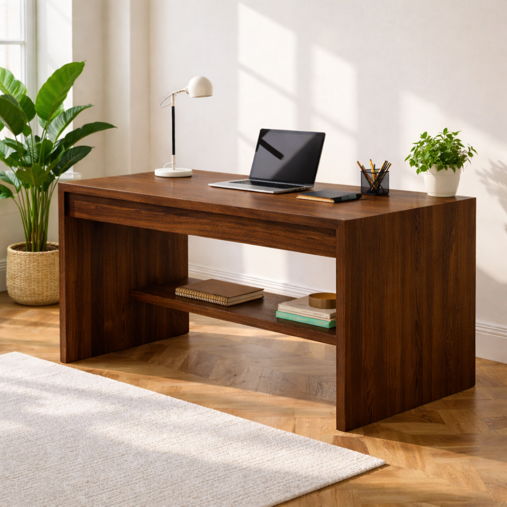 Solid Oak Work Desk with Open Shelf, Handmade Modern Wooden Writing Table