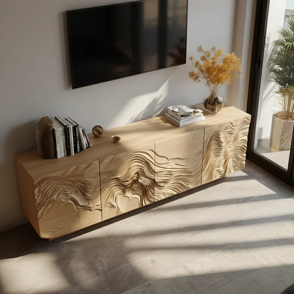 Solid Wood TV Stand with Carved Wave Design Modern Oak Media Console with Storage