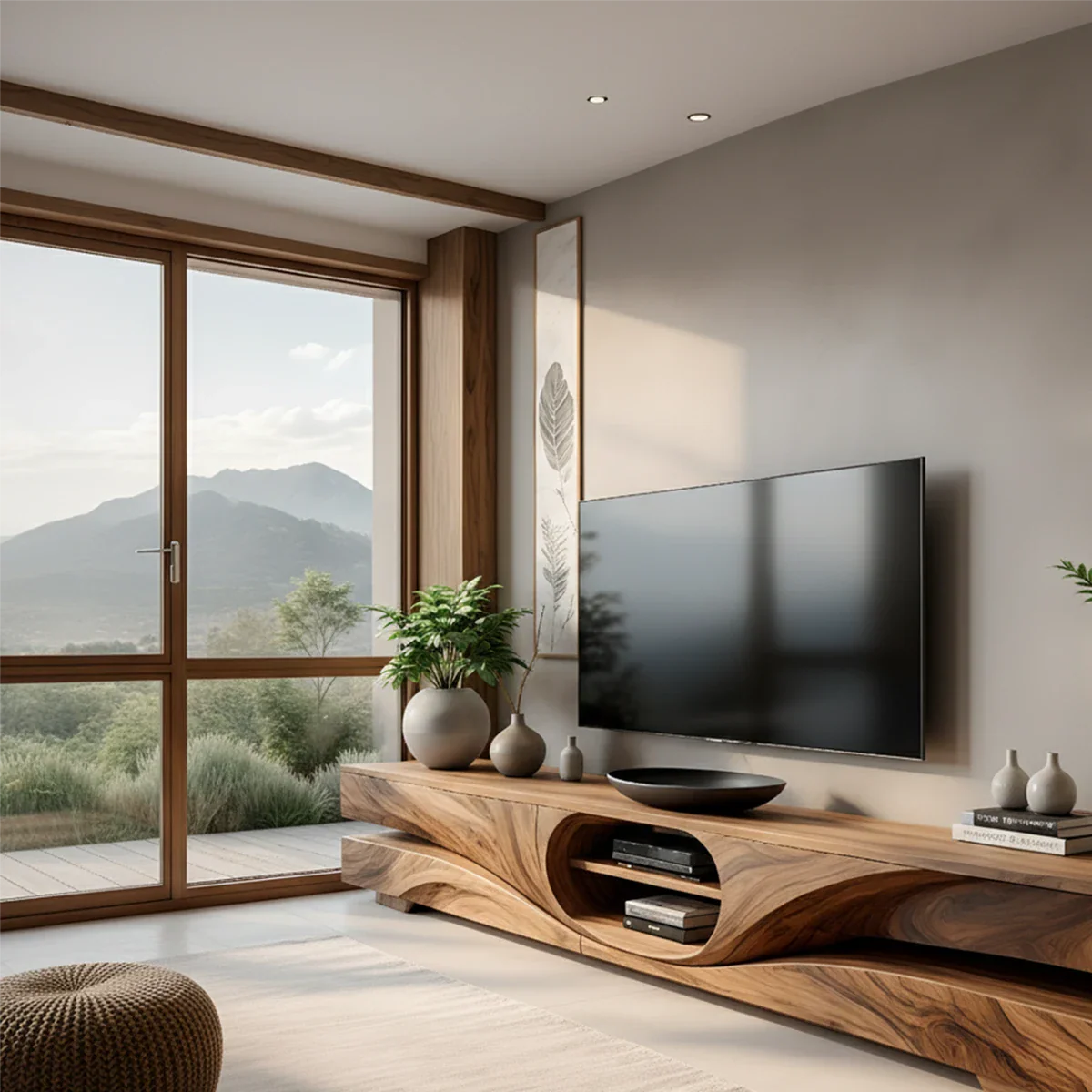Solid Wood TV Stand Modern Walnut Floating Media Console with Open Storage
