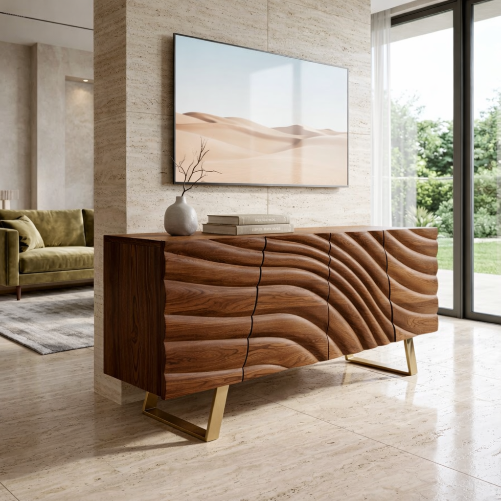 Solid Wood TV Stand with Sculpted Doors, Modern Media Console for Living Room
