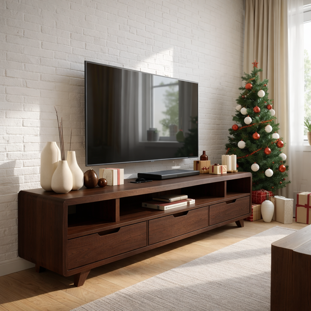 Mid Century Solid Wood Television Stand Walnut Media Console with Drawers Living Room Storage
