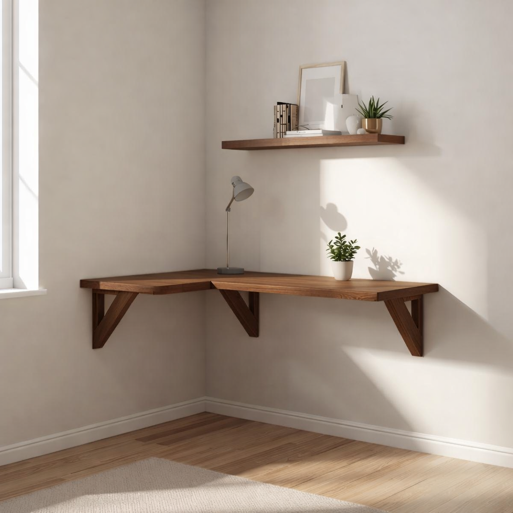 Floating Walnut Corner Desk – Minimalist Wall-Mounted Workspace