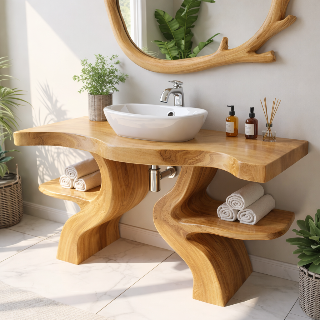 Handcrafted Solid Wood Bathroom Vanity with Live Edge Design for Natural Luxury Spaces