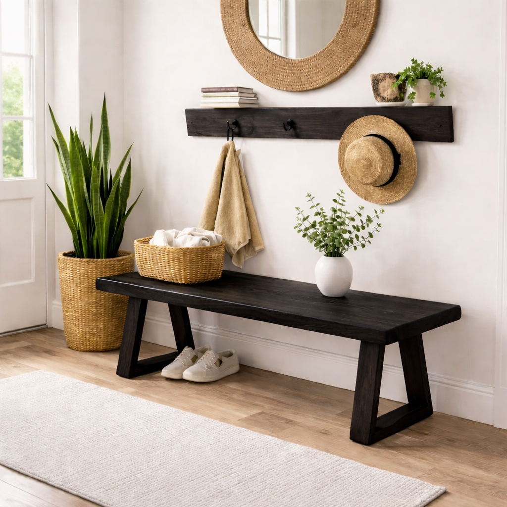 Solid Wood Entryway Bench with Storage | Rustic Modern Hallway Bench