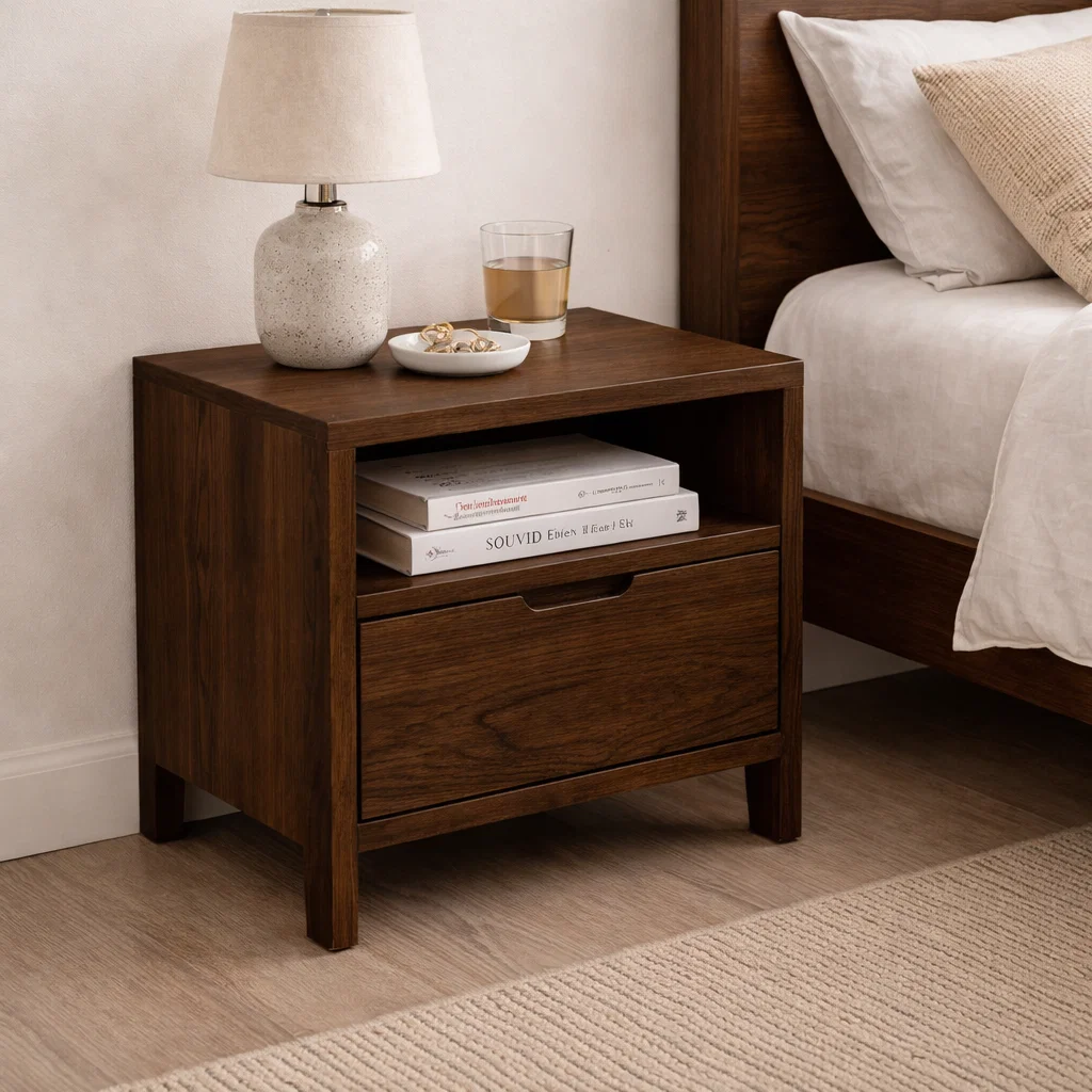 Solid Wood End Table with Drawer and Open Shelf – Modern Bedside Nightstand