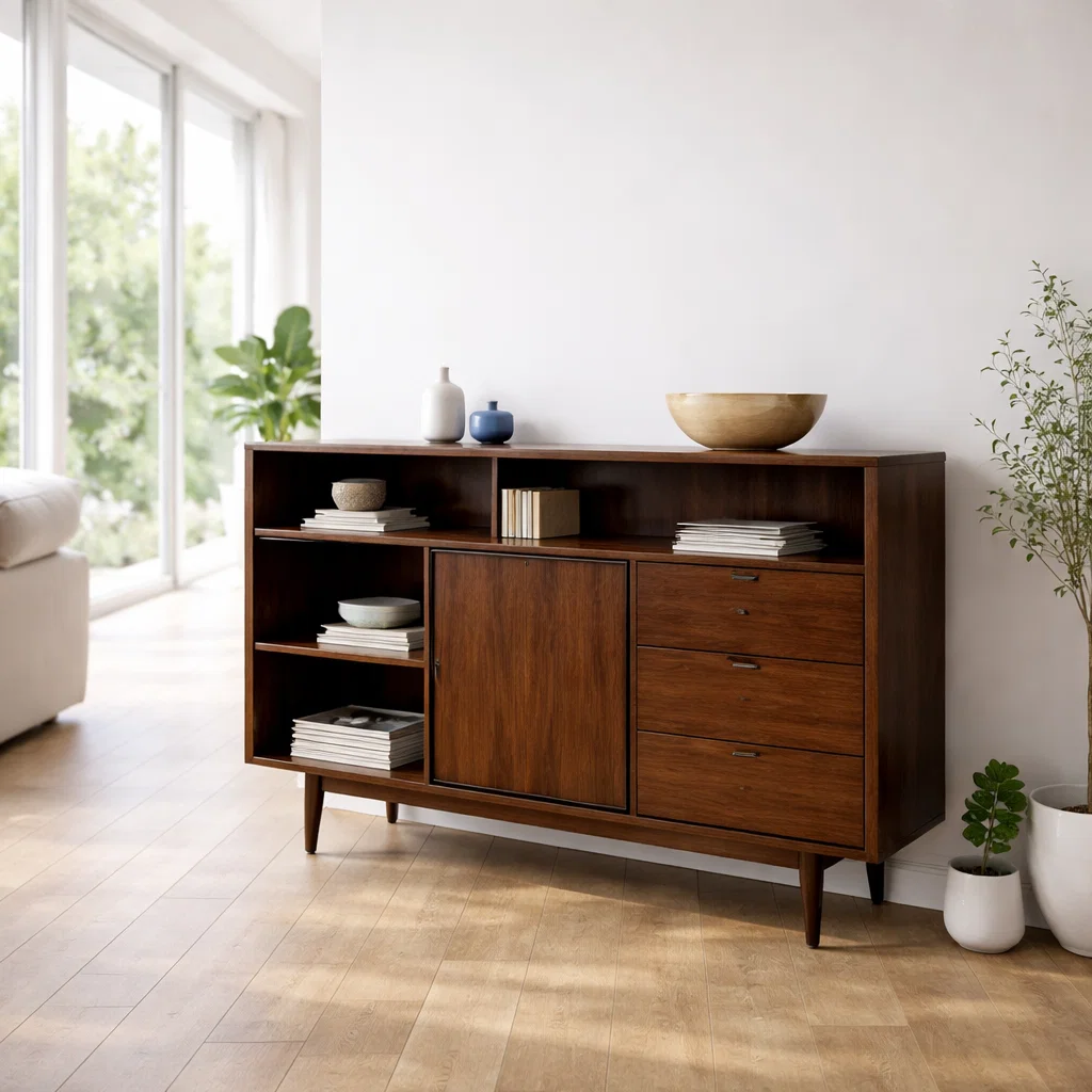 Solid Wood Sideboard Console with Drawers & Shelves – Modern Storage Cabinet