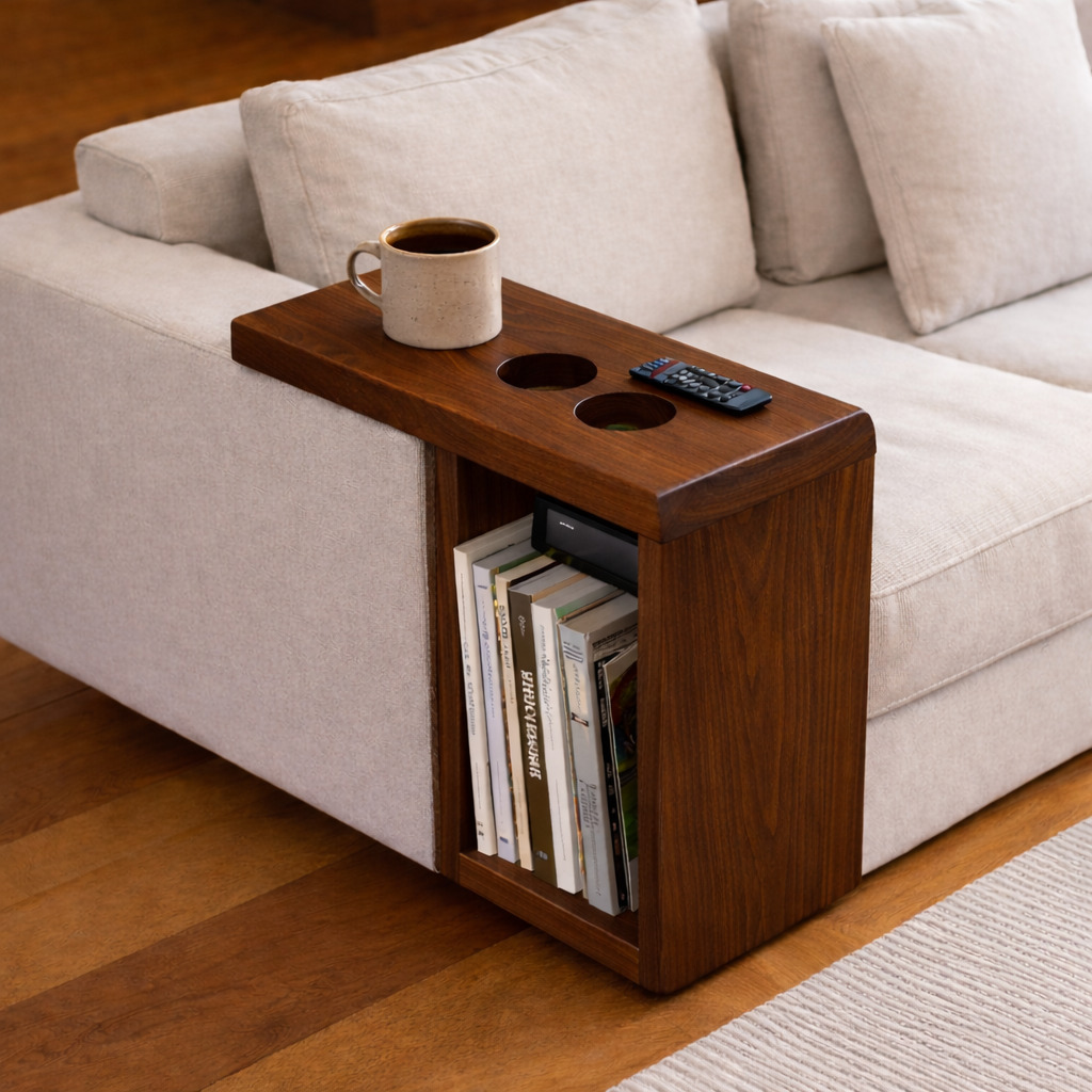 Solid Wood Sofa Armrest Table with Cup Holders – Couch Arm Tray with Storage