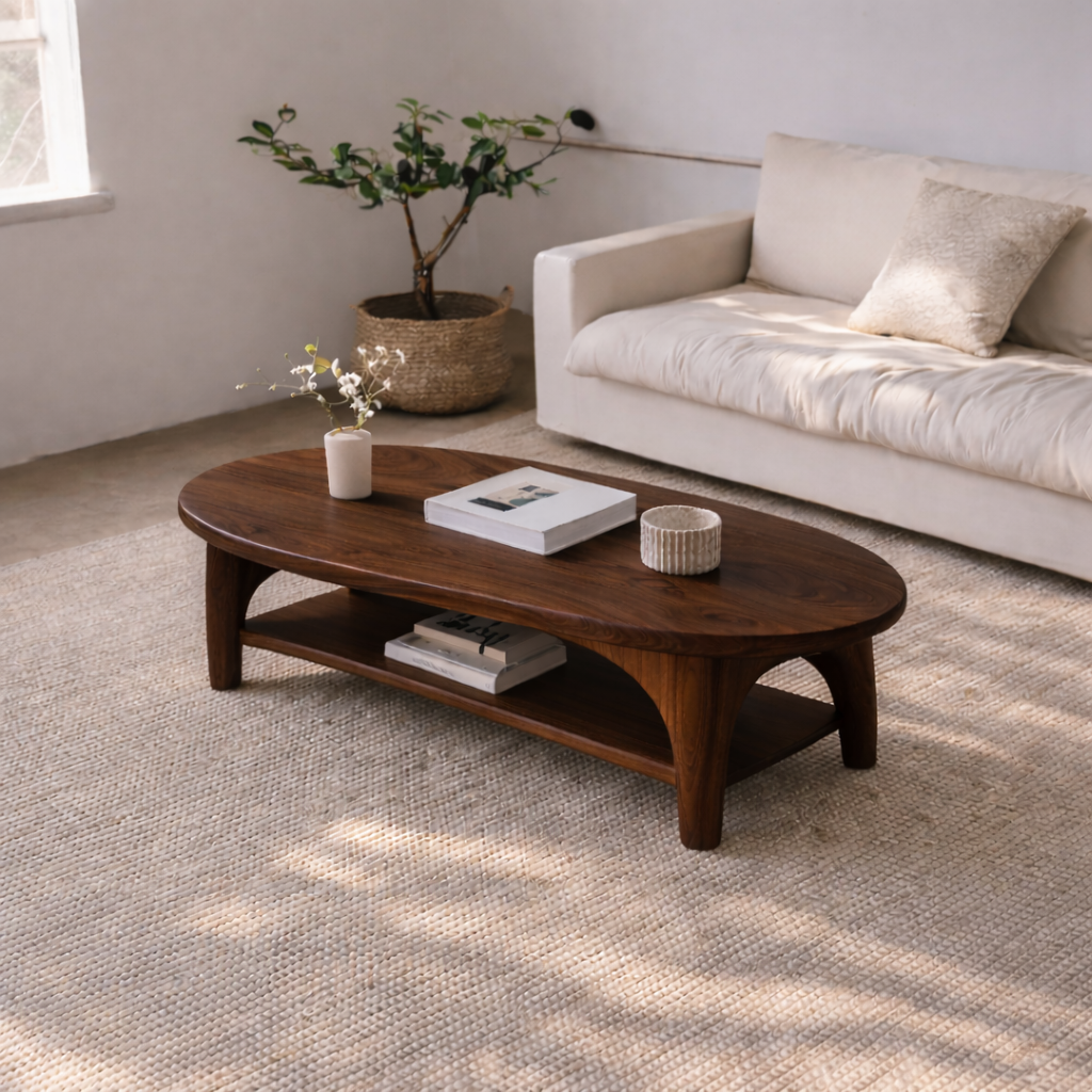 Handcrafted Solid Wood Coffee Table – Oval Modern Center Table with Shelf