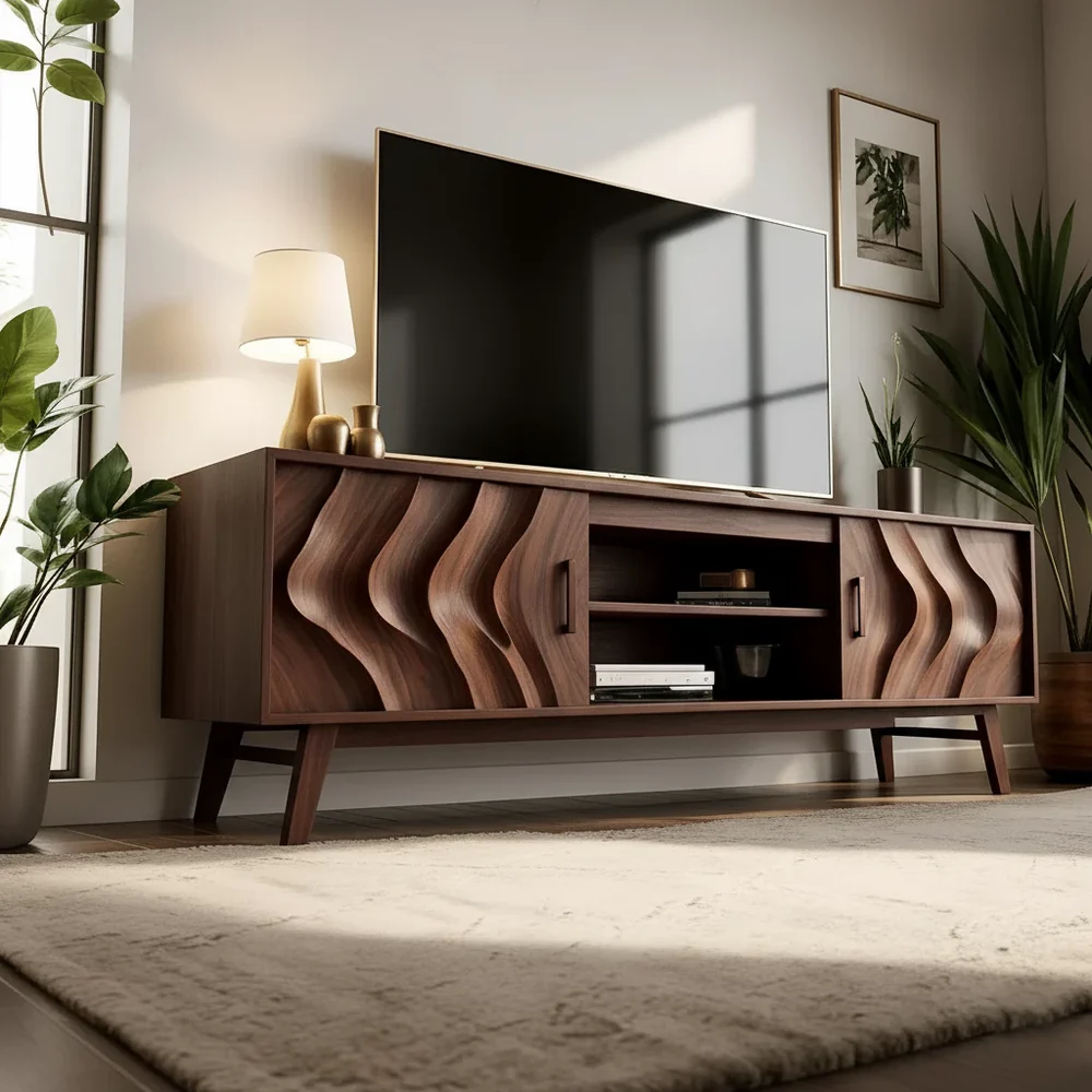 Solid Wood TV Stand Modern Walnut Media Console with Wave Doors and Storage