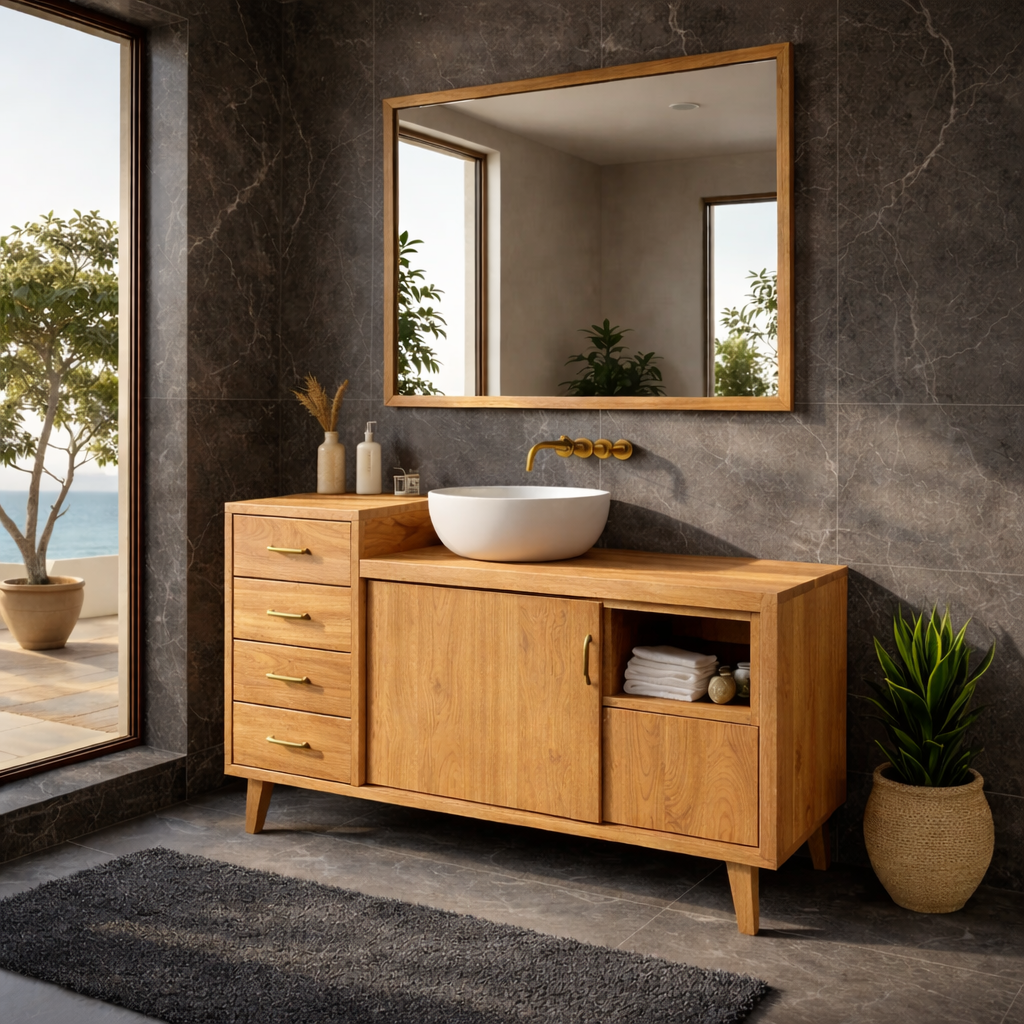Solid Wood Bathroom Vanity with Drawers & Cabinet Storage – Mid Century Walnut Vanity