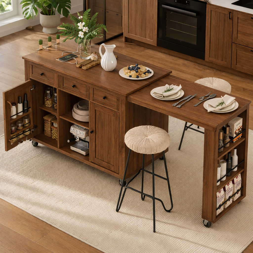 Rolling Kitchen Island with Extendable Dining Table Storage Cabinet and Spice Rack Organizer