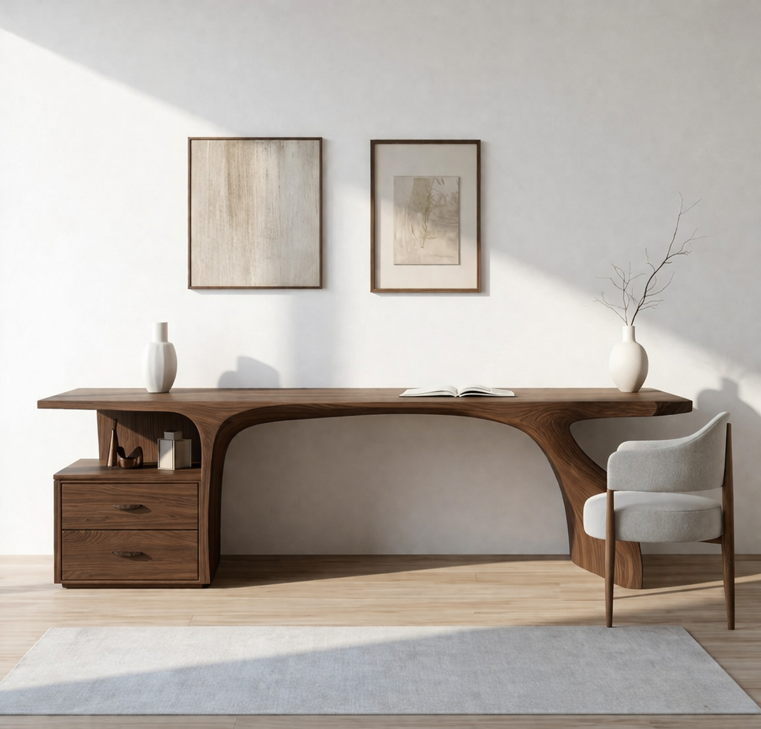 Curved Writing Desk with Storage Drawer Modern Home Office Table Minimalist Workstation