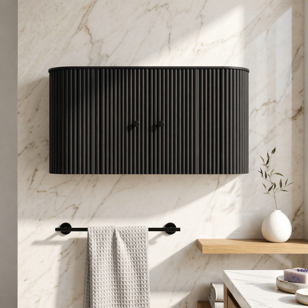 Curved Floating Bathroom Cabinet, Modern Fluted Wall Mounted Storage Organizer