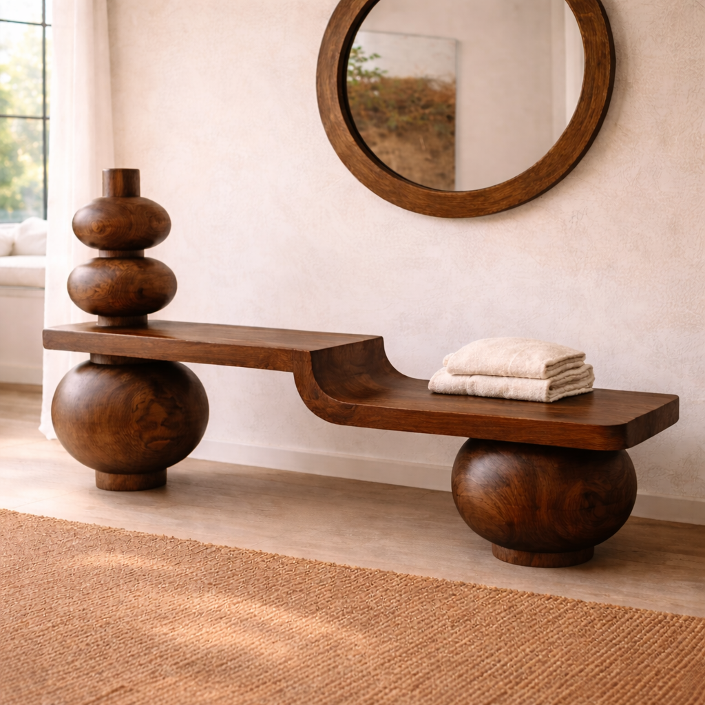 Sculptural Solid Wood Bench, Modern Artistic Entryway Statement Seating