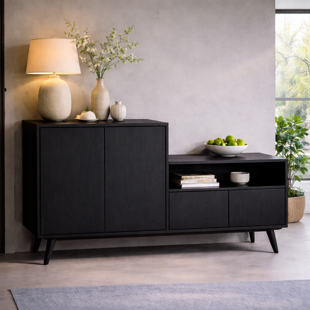 Solid Wood Console Cabinet with Open Shelf and Storage Doors – Modern Sideboard