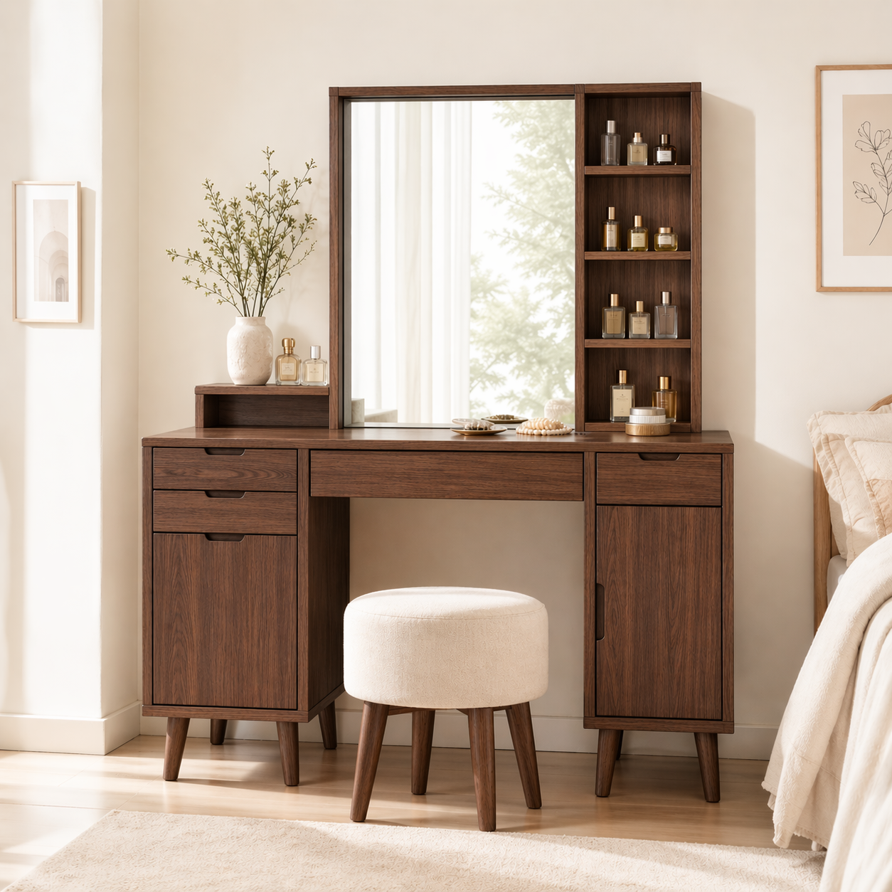 Modern Makeup Vanity Desk With Mirror Storage Shelves Drawers Bedroom Furniture Set