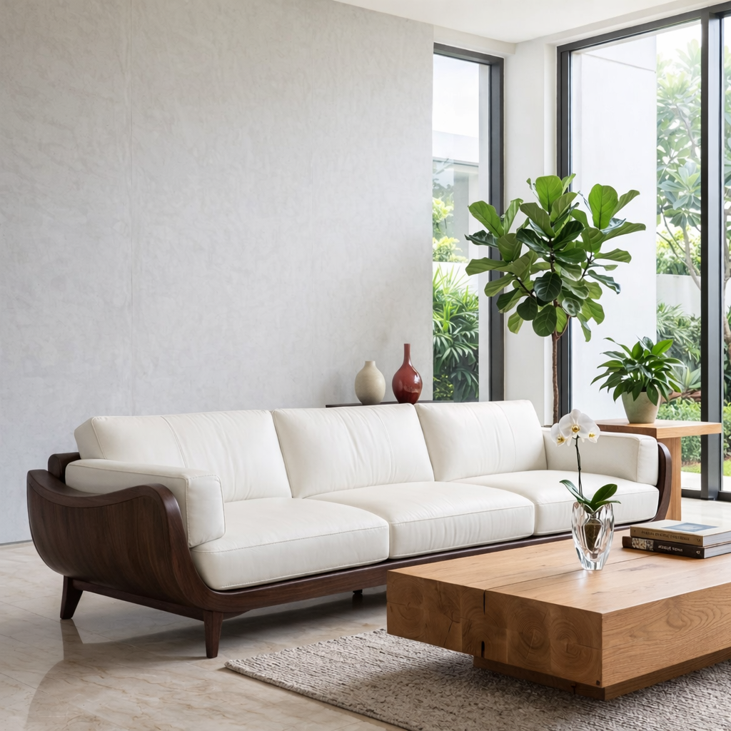 Modern Curved Solid Wood Sofa with White Leather Cushions Luxury Scandi Couch