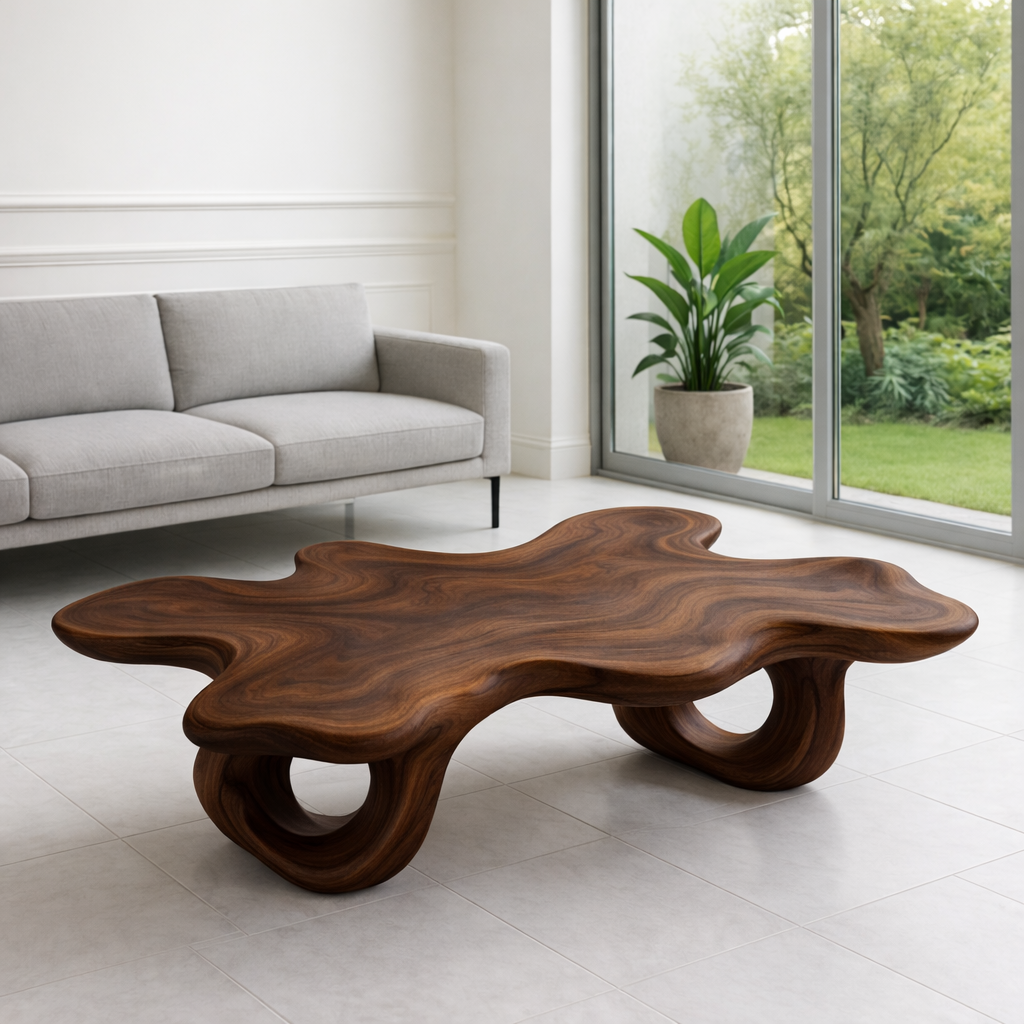 Modern Solid Wood Coffee Table with Unique Organic Shape for Contemporary Living Room