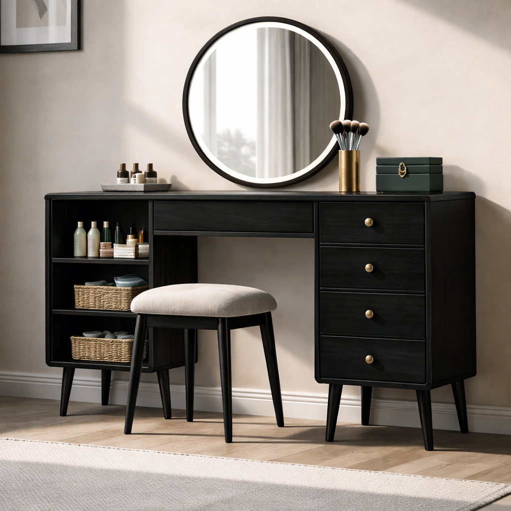 Solid Wood Makeup Vanity with Spacious Storage – Modern Mid-Century Design