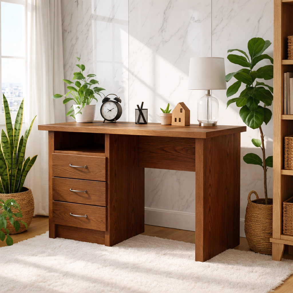 Walnut Compact Writing Desk with Drawers – Cozy Natural Workspace