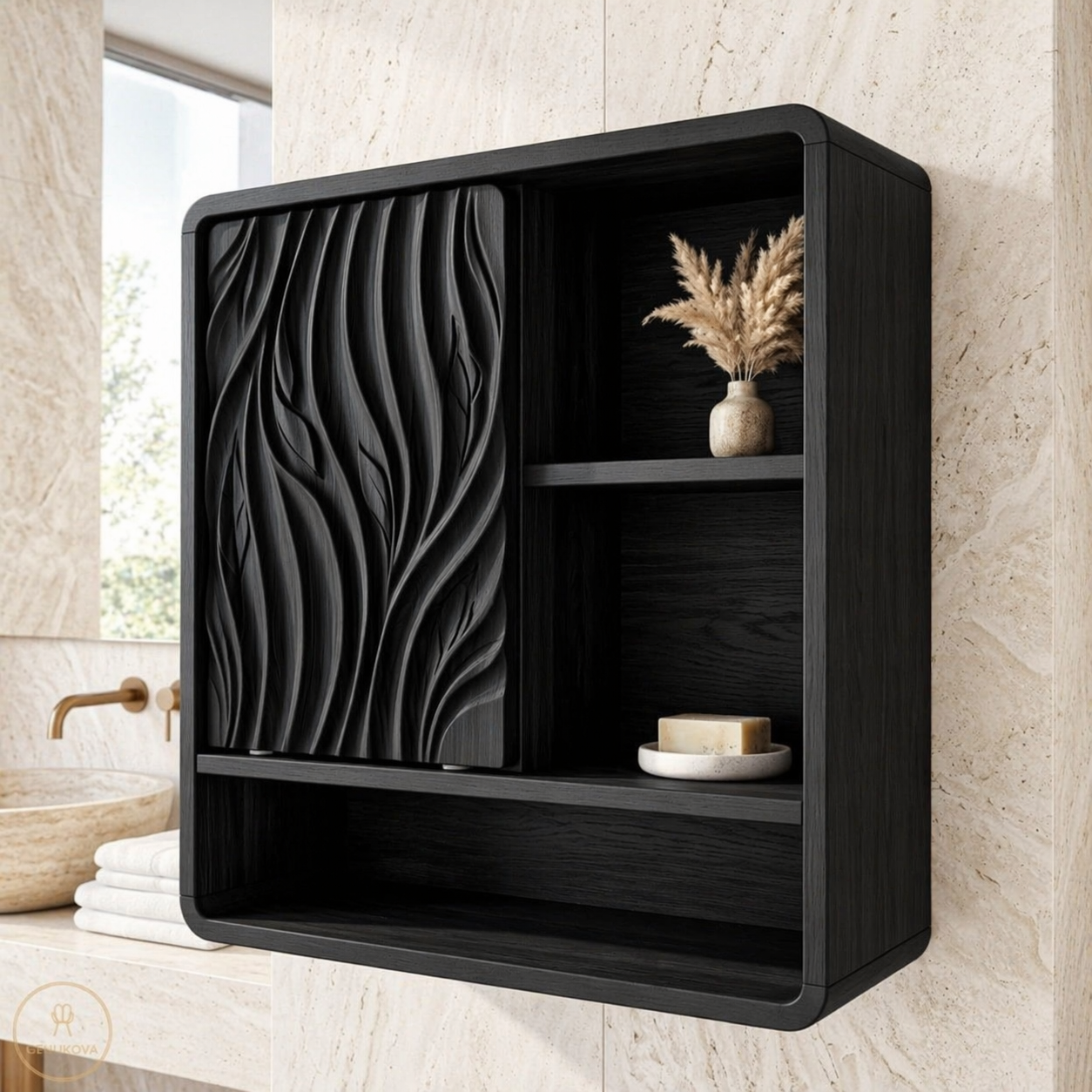 Floating Bathroom Cabinet, Modern Carved Wall Mounted Vanity Storage Organizer Unit