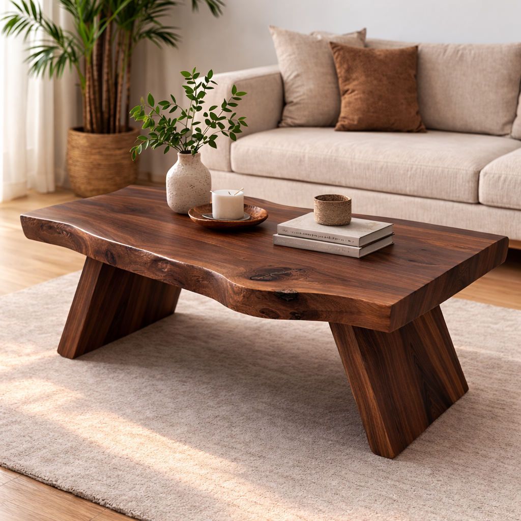 Live Edge Solid Wood Coffee Table with Thick Slab Top – Rustic Modern Living Room Table