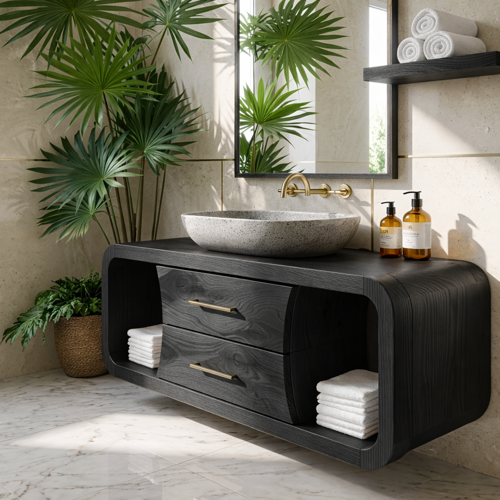 Modern Solid Wood Bathroom Vanity with Curved Frame and Open Shelf Storage