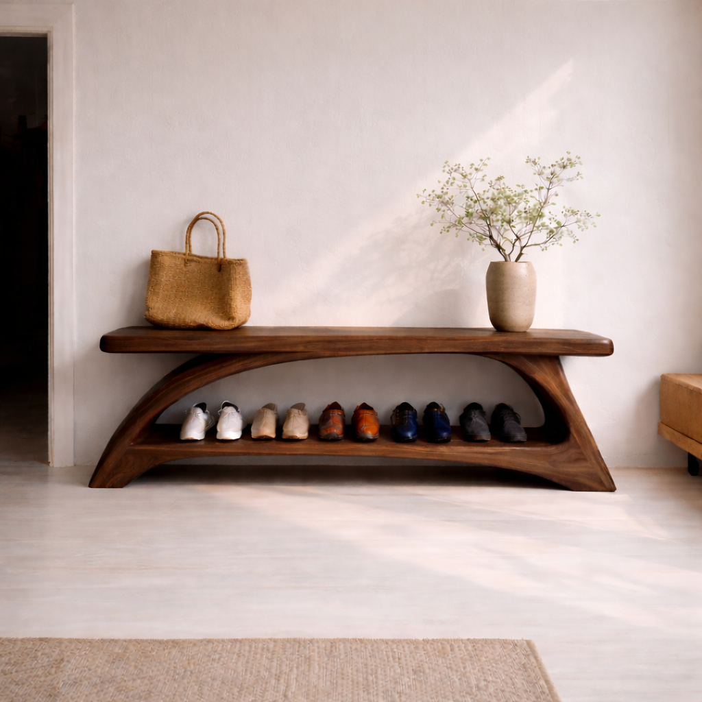 Solid Wood Entryway Bench with Shoe Storage Shelf – Modern Curved Wooden Shoe Rack Bench