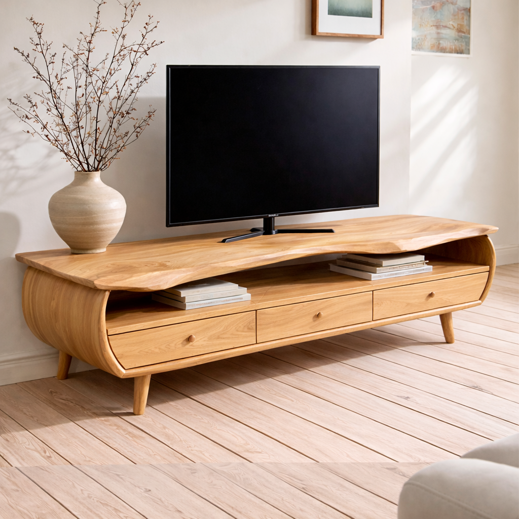 Live Edge Solid Wood Media Console – Modern TV Stand with Drawers & Storage