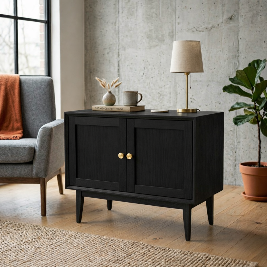 Solid Wood End Table with Double Doors – Mid Century Modern Bedside Side Table