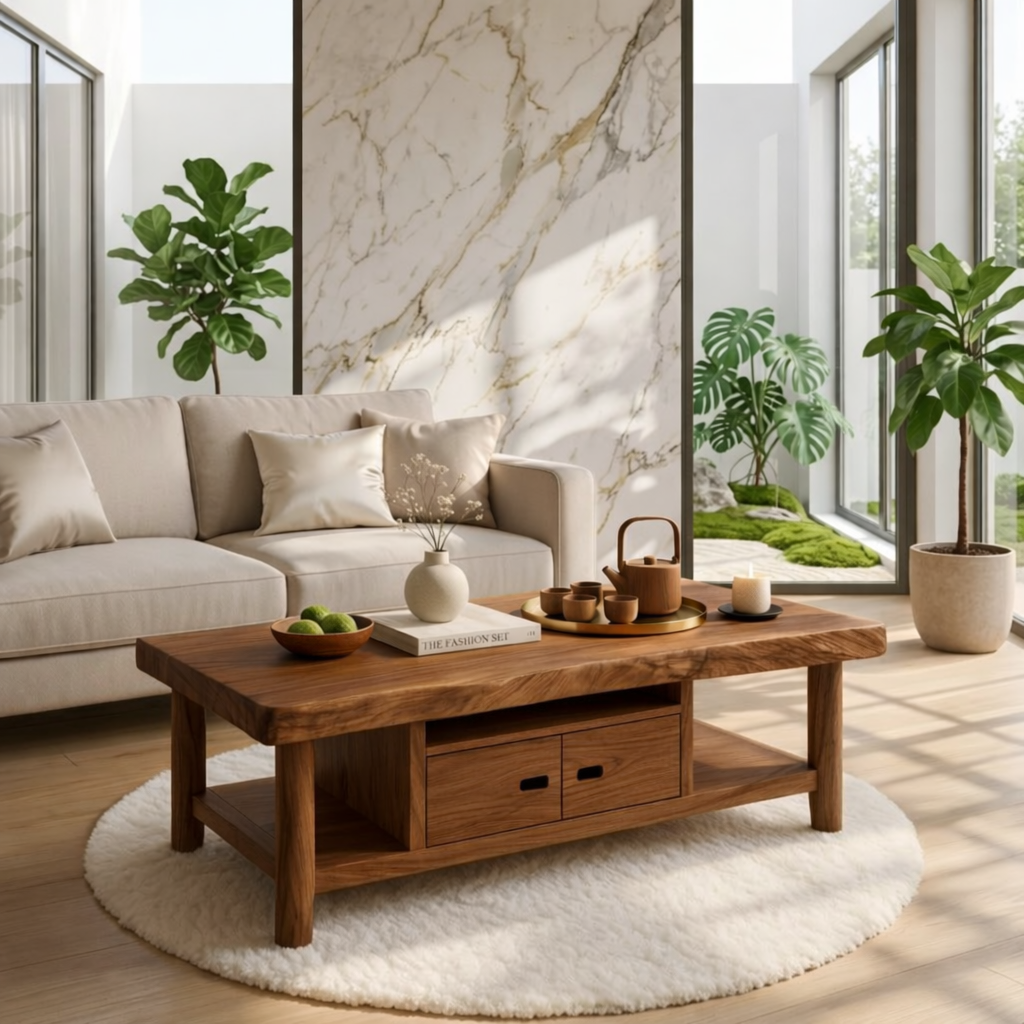 Solid Wood Coffee Table with Storage Shelf and Drawers for Living Room Decor