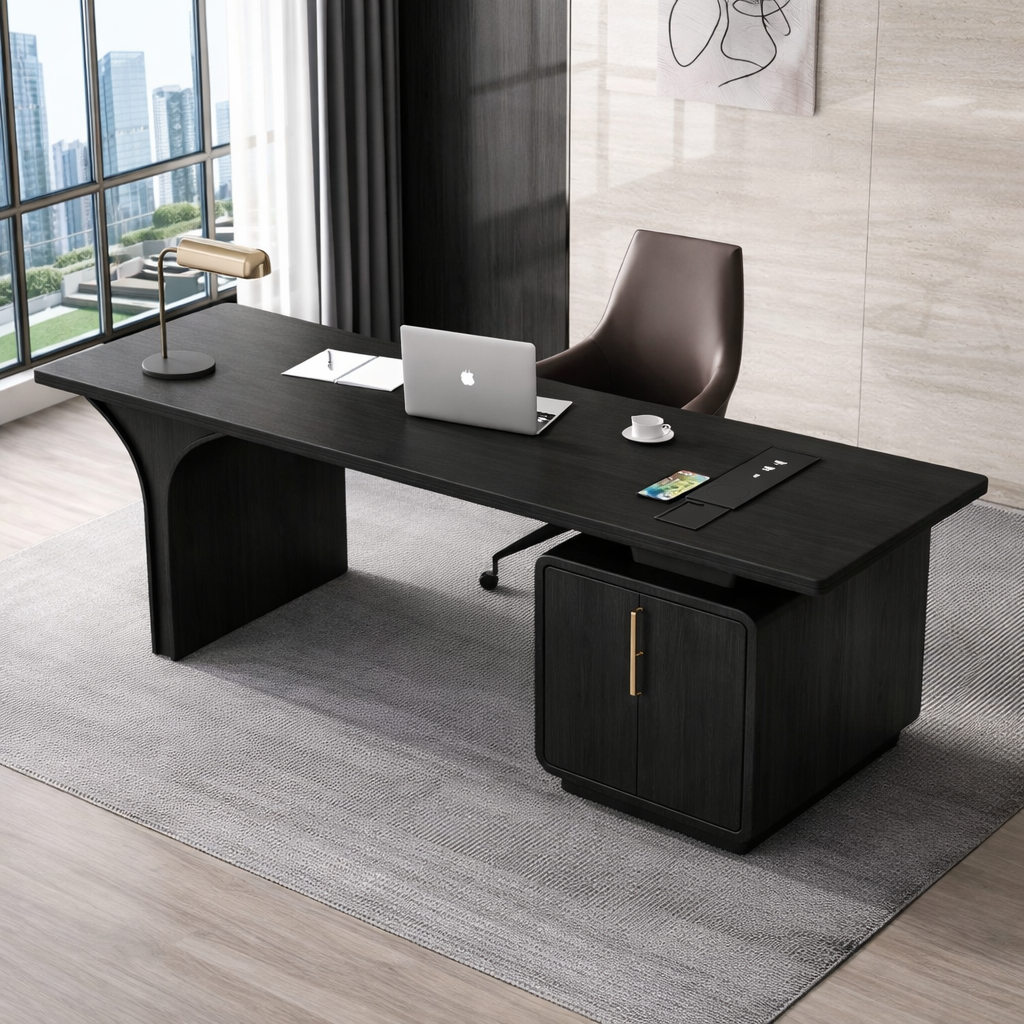 Modern Executive Desk with Curved Base and Cabinet, Minimalist Office Writing Table